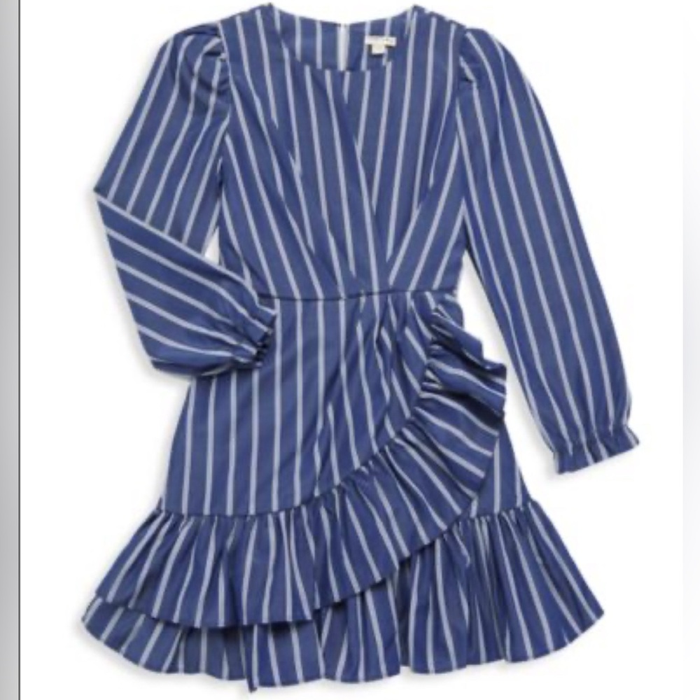 HABITUAL KIDS Blue Stripe Ruffle Mock Wrap Dress Girl’s Size 14 Coquette Girl‎